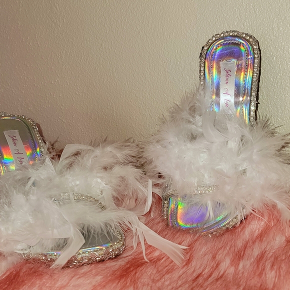 Custom Order "TAWNY MARIE" White Feather Crystal Lace Wedding Mule Heels - Picture 5 of 6